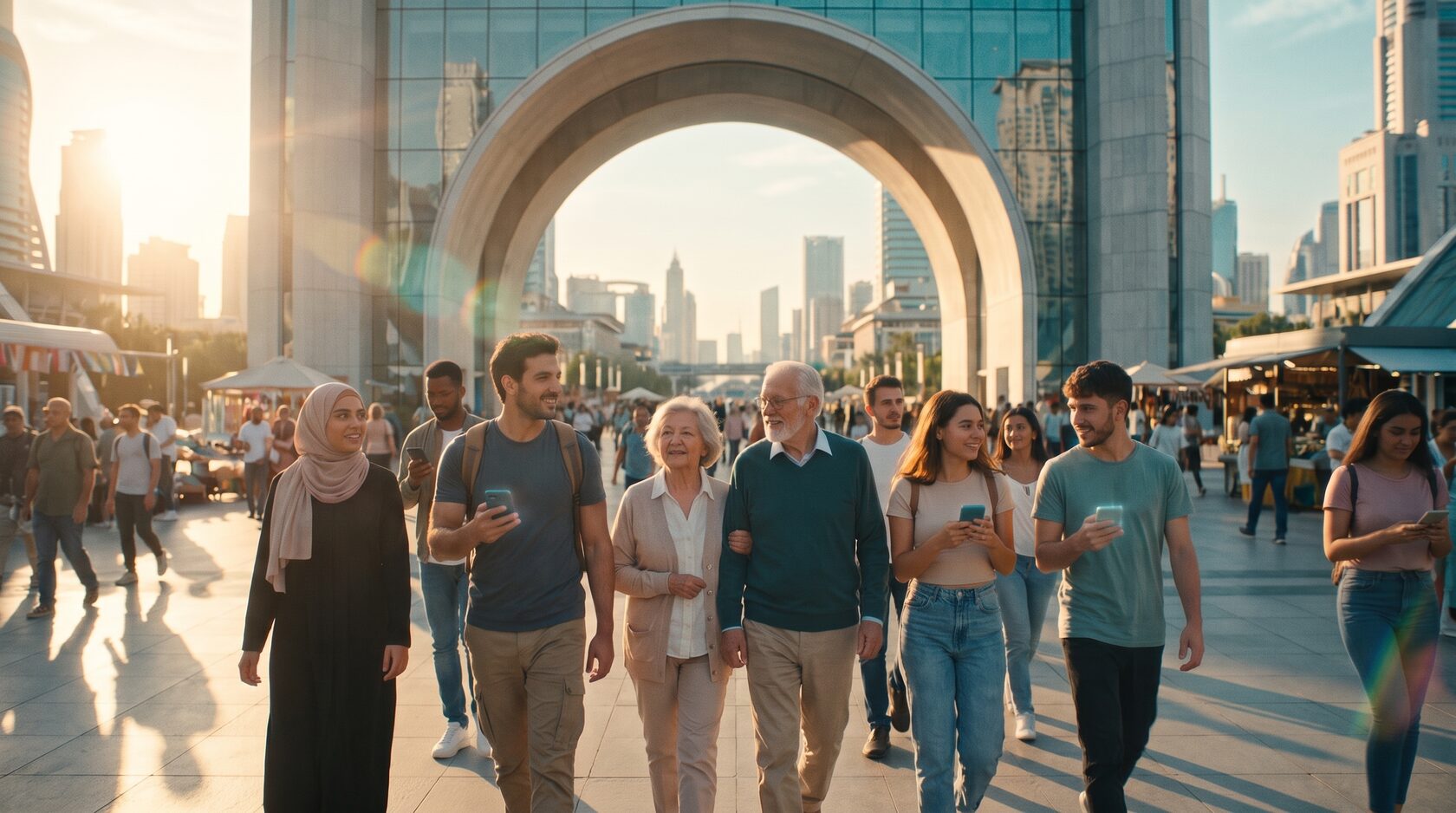 A diverse crowd walking together through a great arch toward a bright sunrise city, moving into the morning after.